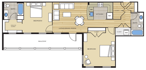 2 Bed2 Bath 954sf Floor Plan at Clayborne Apartments, Alexandria, 22314